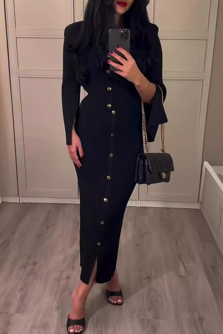 MICH - CHIC BUCKLE O-NECK LONG SLEEVE DRESS