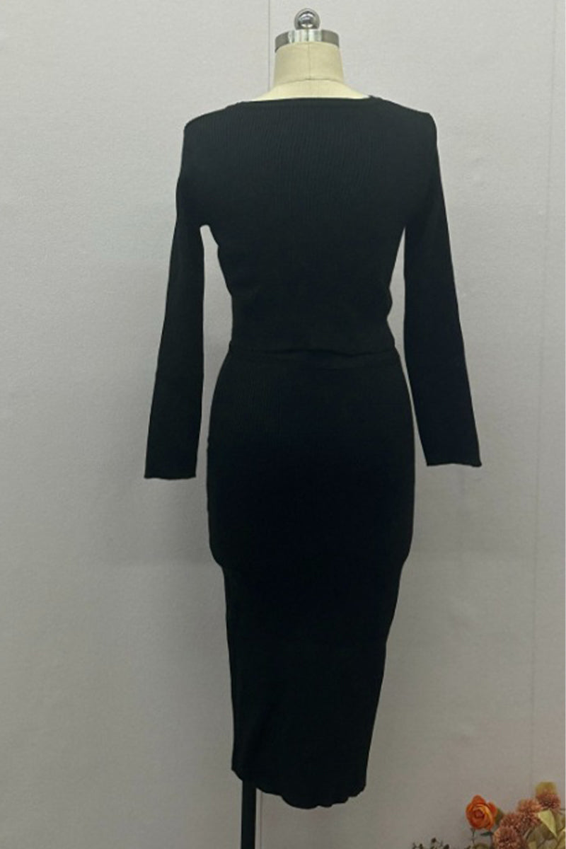 MICH - CHIC BUCKLE O-NECK LONG SLEEVE DRESS