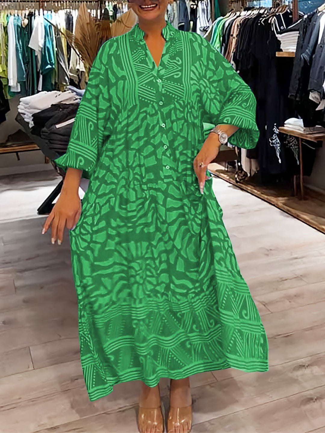 HAZEL - PATTERNED V-NECK DRESS