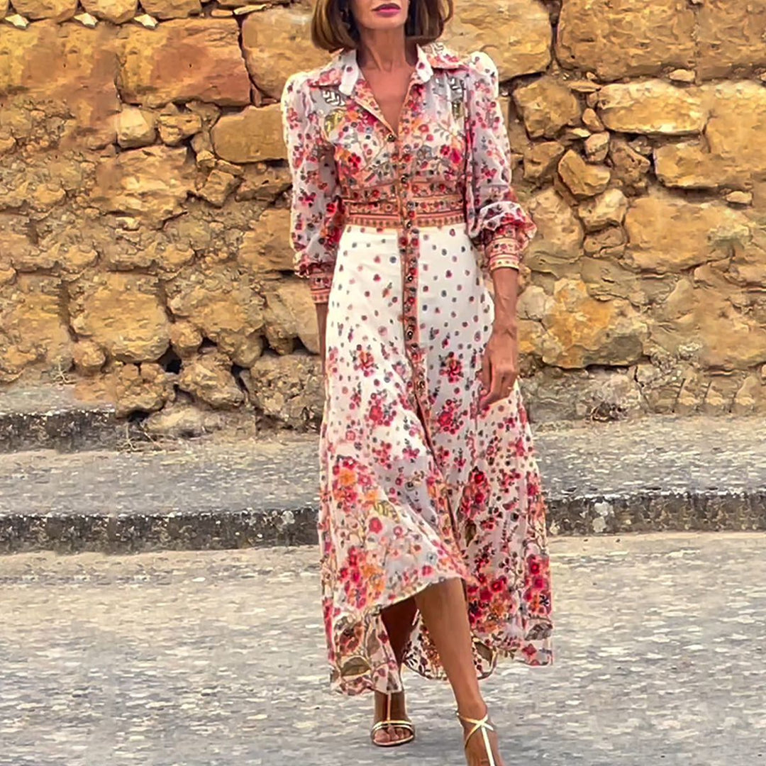 SYLVIANE - STYLISH FULL-LENGTH FLORAL DRESS WITH COLLAR