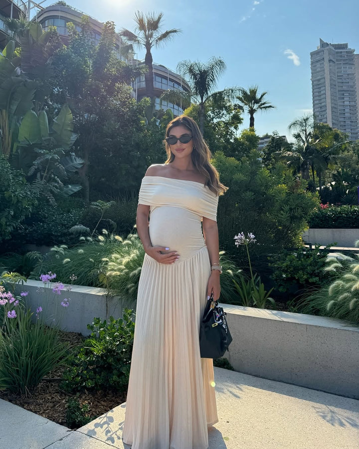 CALARA - MATERNITY FLOWY OFF SHOULDER MAXI DRESS
