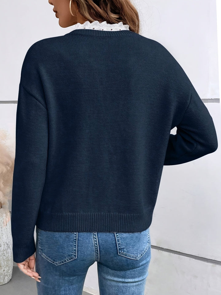 MALKA - ELEGANT LACE V-NECK SWEATER