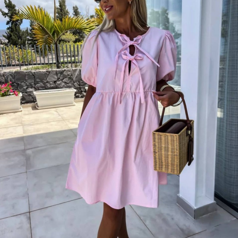 MISAKI - CHIC PUFF SLEEVE BOW TIE DRESS