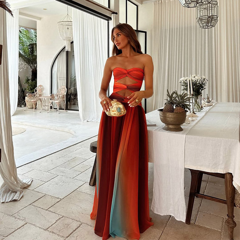 Aziza - Hollow Out Tie-Dye Gradient Long Dress