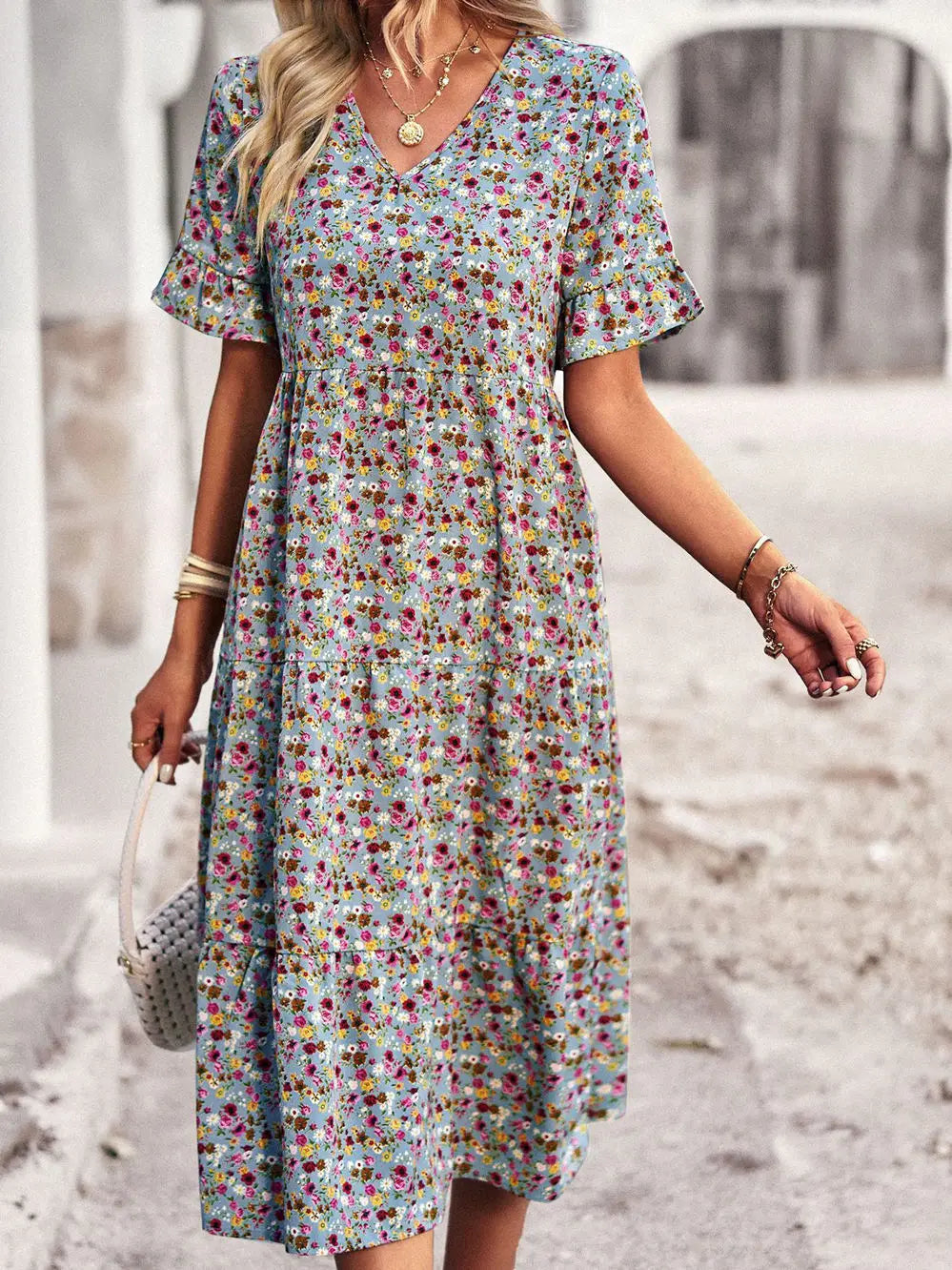 PAULA - CLASSY V NECK FLORAL DRESS
