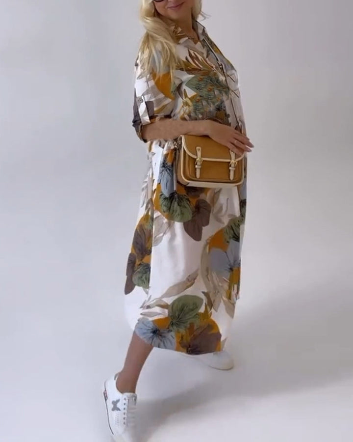 JOPLIN - LEAF PRINT CASUAL DRESS WITH LAPEL COLLAR
