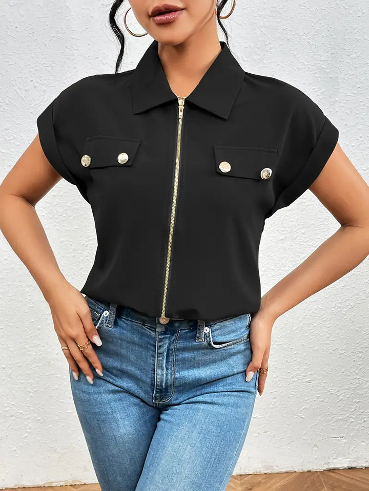 SAFIRA - ZIP-FRONT SHORT SLEEVE BLOUSE