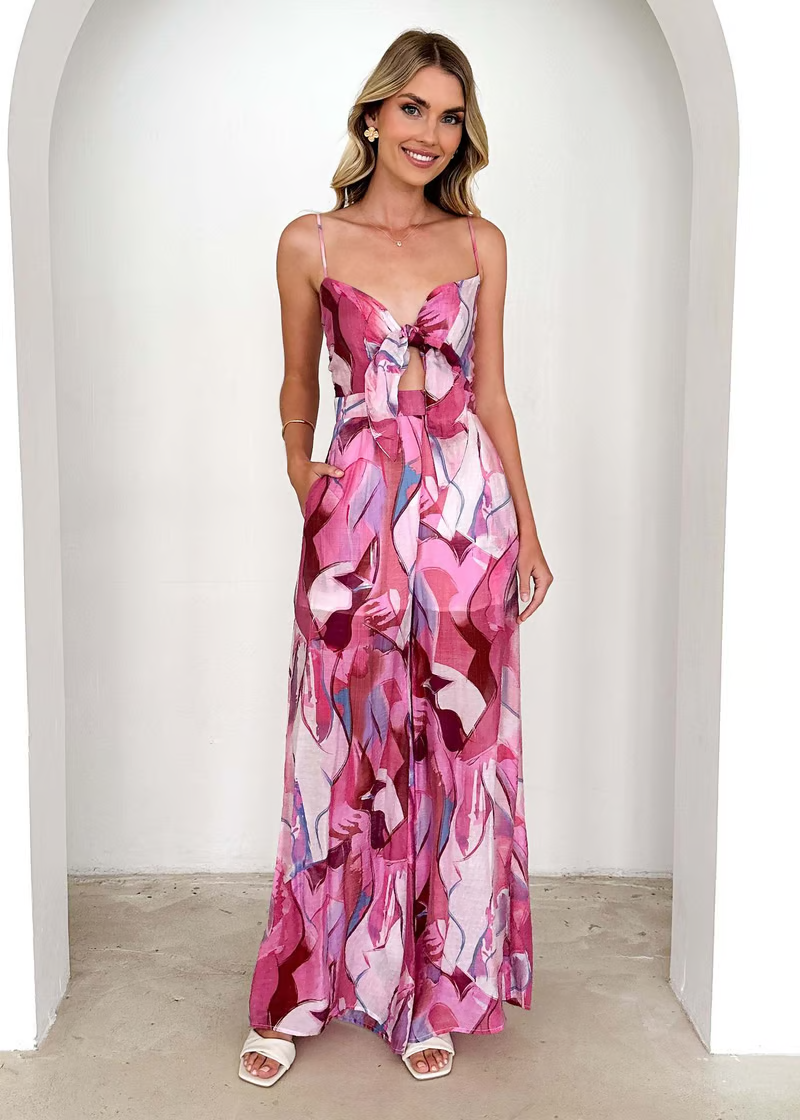 Jamie - Printed tie straps and bowknots jumpsuit