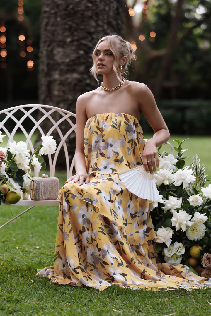 Chelsea - Off Shoulder Bandeau Printed Tiered Maxi Dress