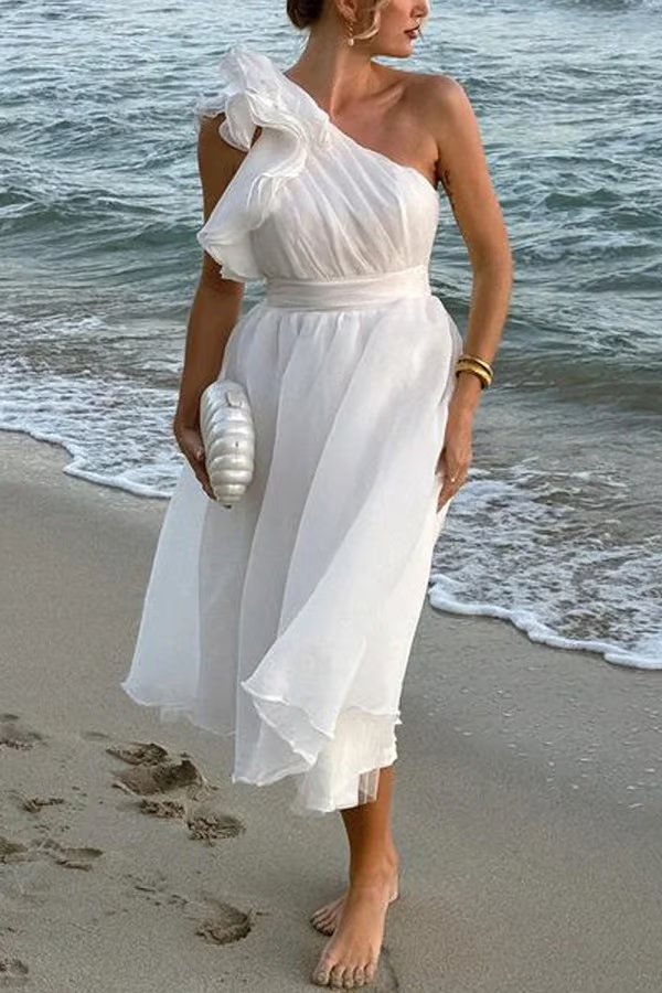 Jelly - Oblique Shoulder Ruffle Maxi Dress