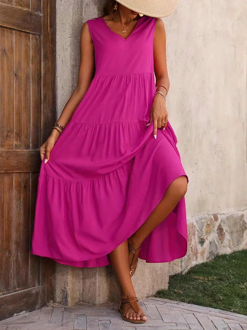 Ramona - Loose Casual Sleeveless V Neck Ruffle Hem Dress for Spring & Summer