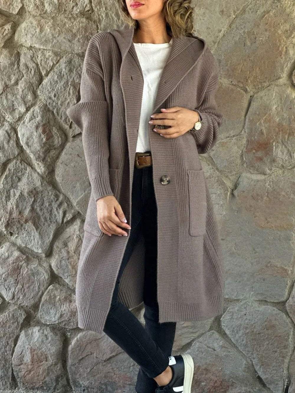 VENA - CREAM KNITTED COAT WITH HOOD