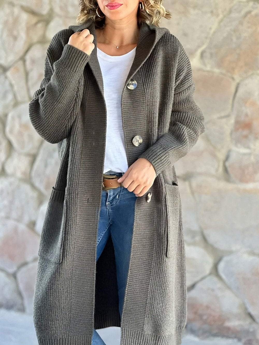 VENA - CREAM KNITTED COAT WITH HOOD