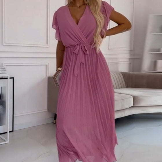 AMANDA - ELEGANT V-NECK PLEATED MAXI DRESS